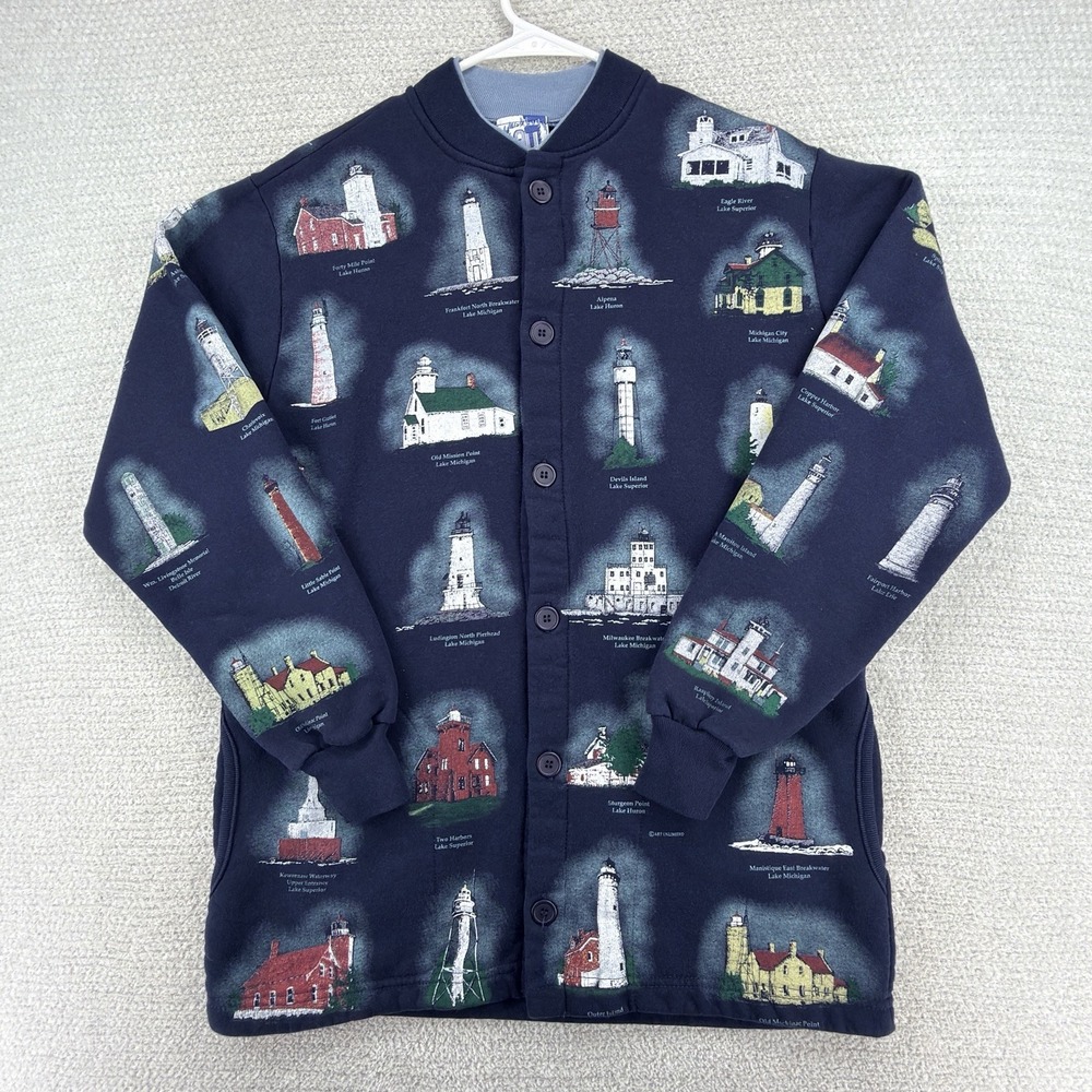 Vtg 90s Art Unlimited Lighthouse Sweater Jacket Women's M AOP Great Lakes USA